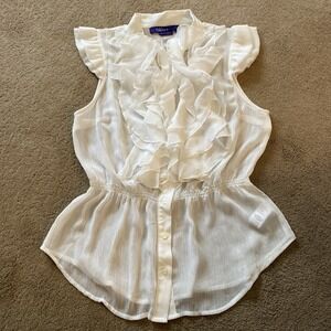 MILEY CYRUS X MAX AZRIA WHITE RUFFLED TUXEDO TOP SHEER CHIFFON  SIZE XL